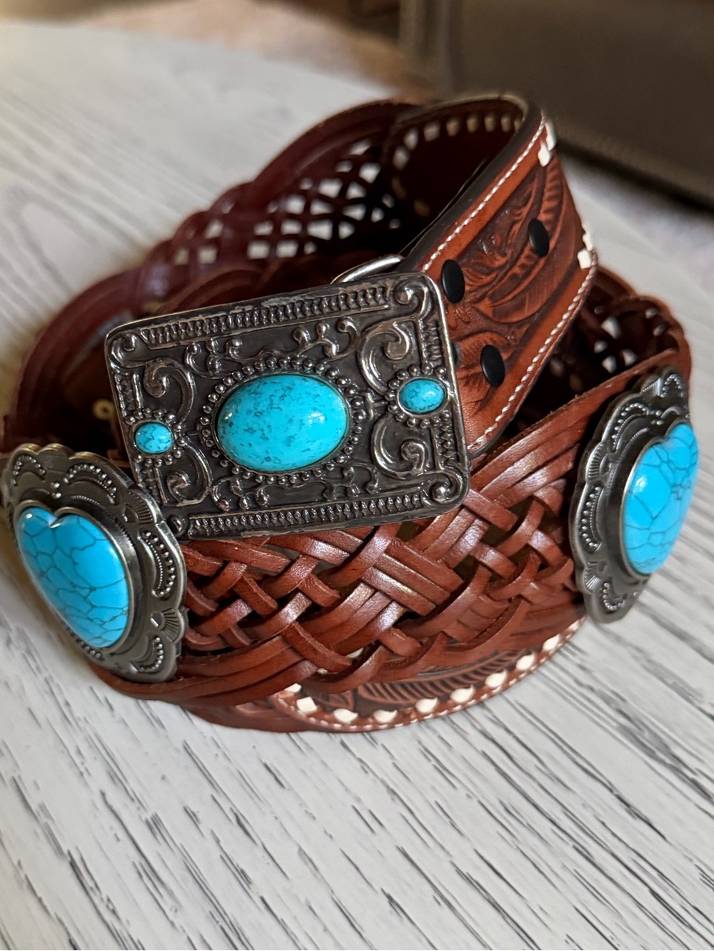 Angel Ranch Ladies Belt Tooled Tabs Braided Heart Concho Sz XL